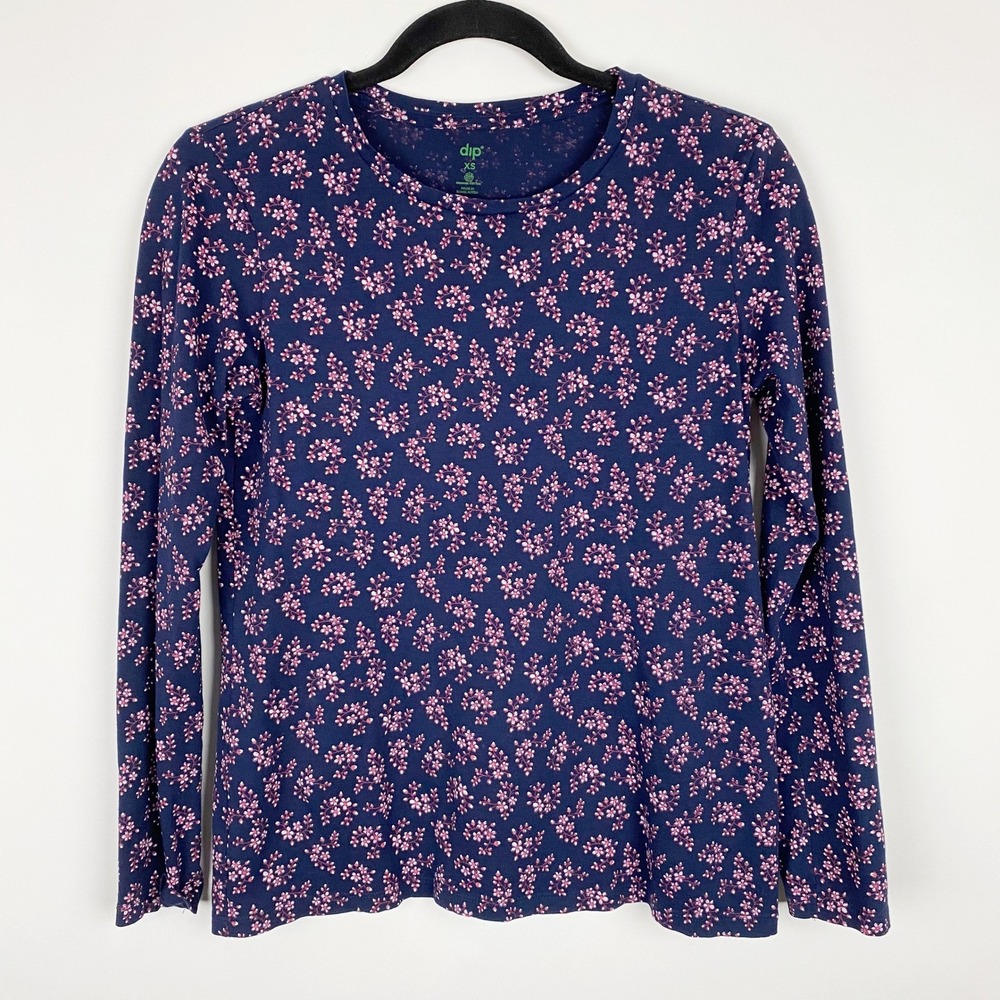 Dip Navy Blue Pink Floral Print Long Sleeve Organic Cotton Top T-Shirt Womens XS